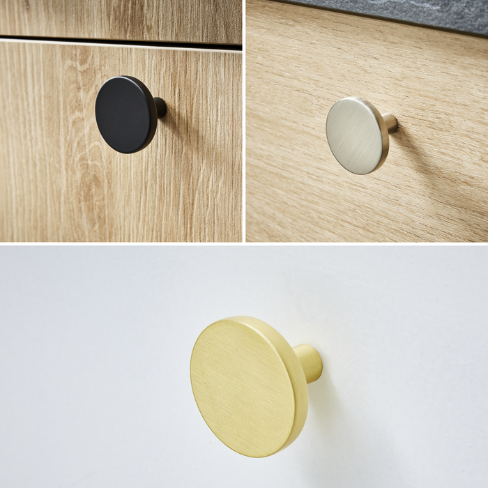Puxadores para móvel Jamy de cores níquel, preto mate e latão escovado