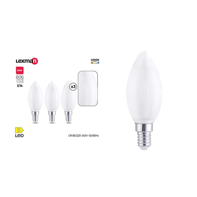 Lot de 3 ampoules led, flamme, E14, 806lm = 60W, blanc neutre, LEXMAN