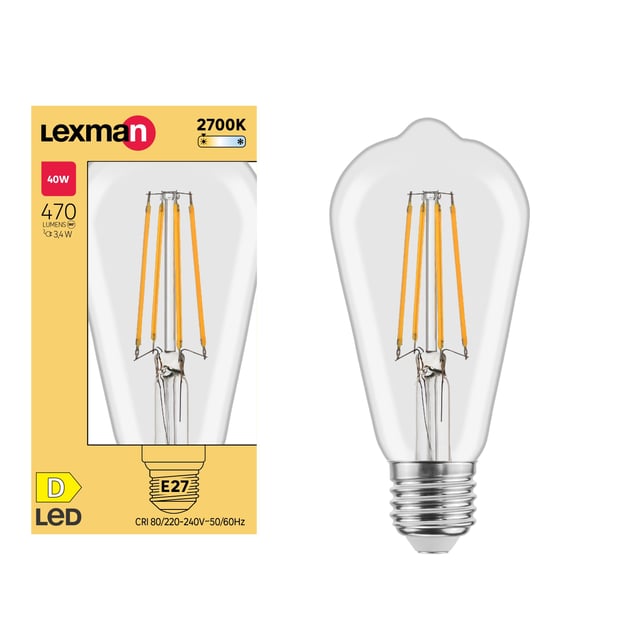 Ampoule led à filament, Edison, E27, 470lm = 40W, blanc chaud, LEXMAN