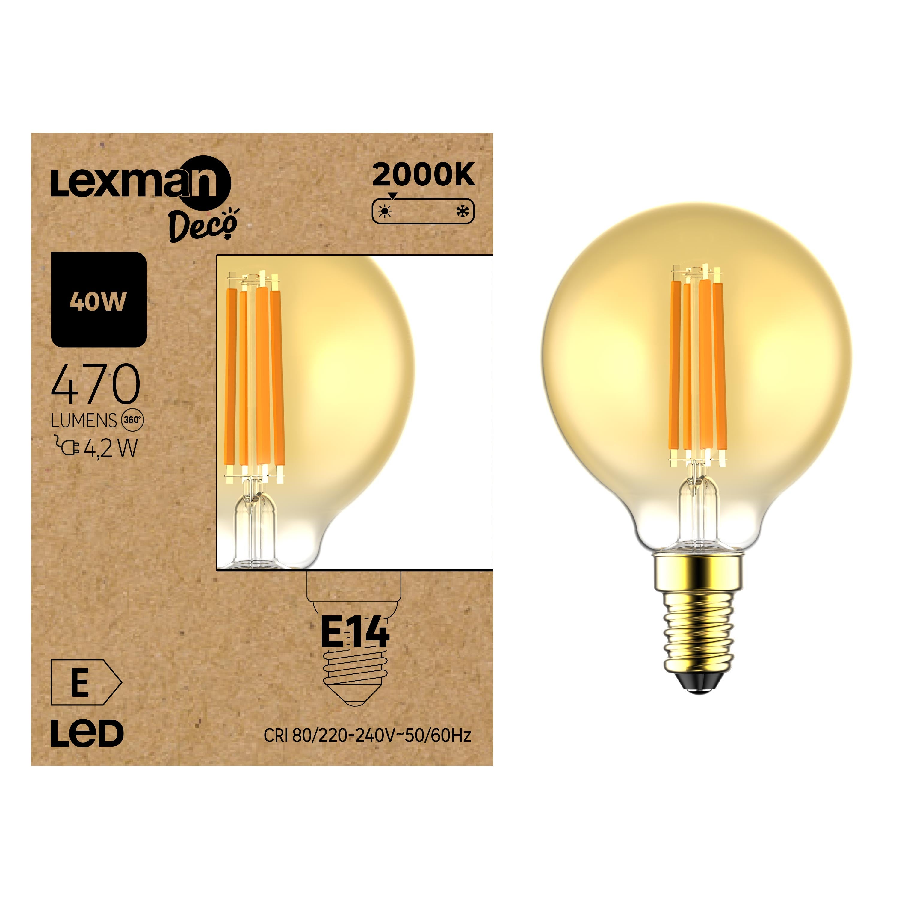Ampoule led décorative, globe 60mm, E14, 470lm = 40W, blanc très chaud — free download