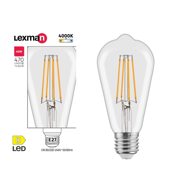 Ampoule led à filament, Edison, E27, 470lm = 40W, blanc neutre, LEXMAN