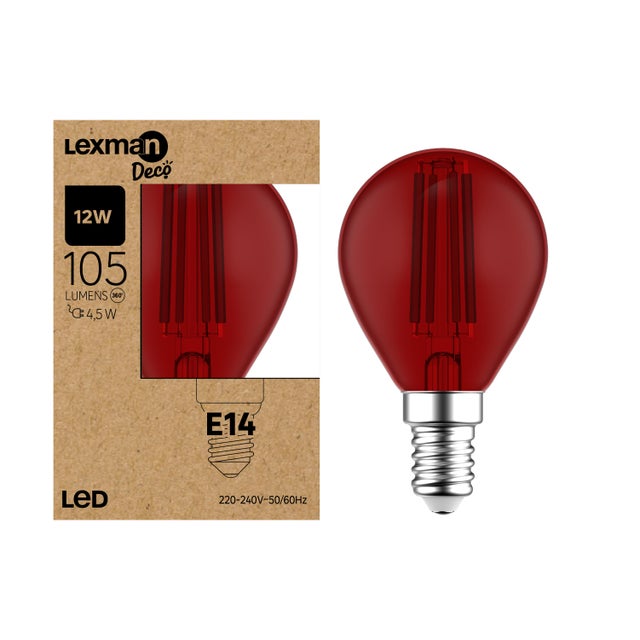 Ampoule led à filament, rouge, sphérique E14, 105lm = 12W, LEXMAN