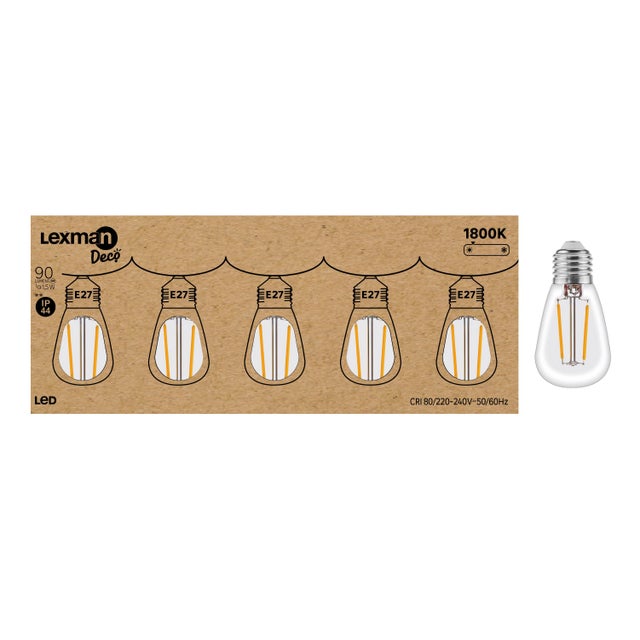 5 ampoules led pour guirlande, E27, 90lm = 10W, IP44, transparentes, LEXMAN