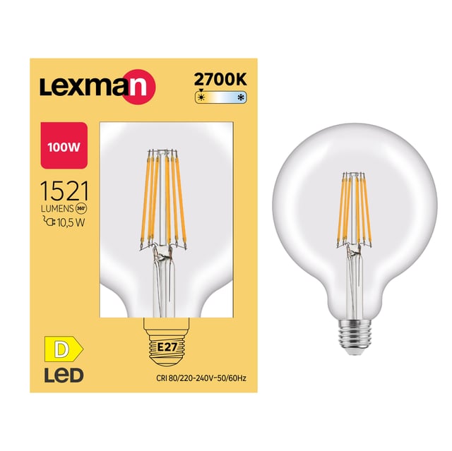 Ampoule led à filament, globe 125mm, E27, 1521lm = 100W, blanc chaud, LEXMAN