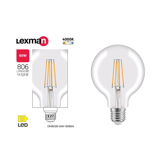 Ampoule led à filament, globe 95mm, E27, 806lm = 60W, blanc neutre, LEXMAN