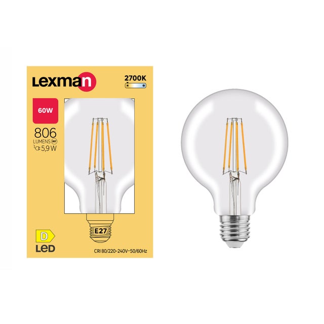 Ampoule led à filament, globe 95mm, E27, 806lm = 60W, blanc chaud, LEXMAN