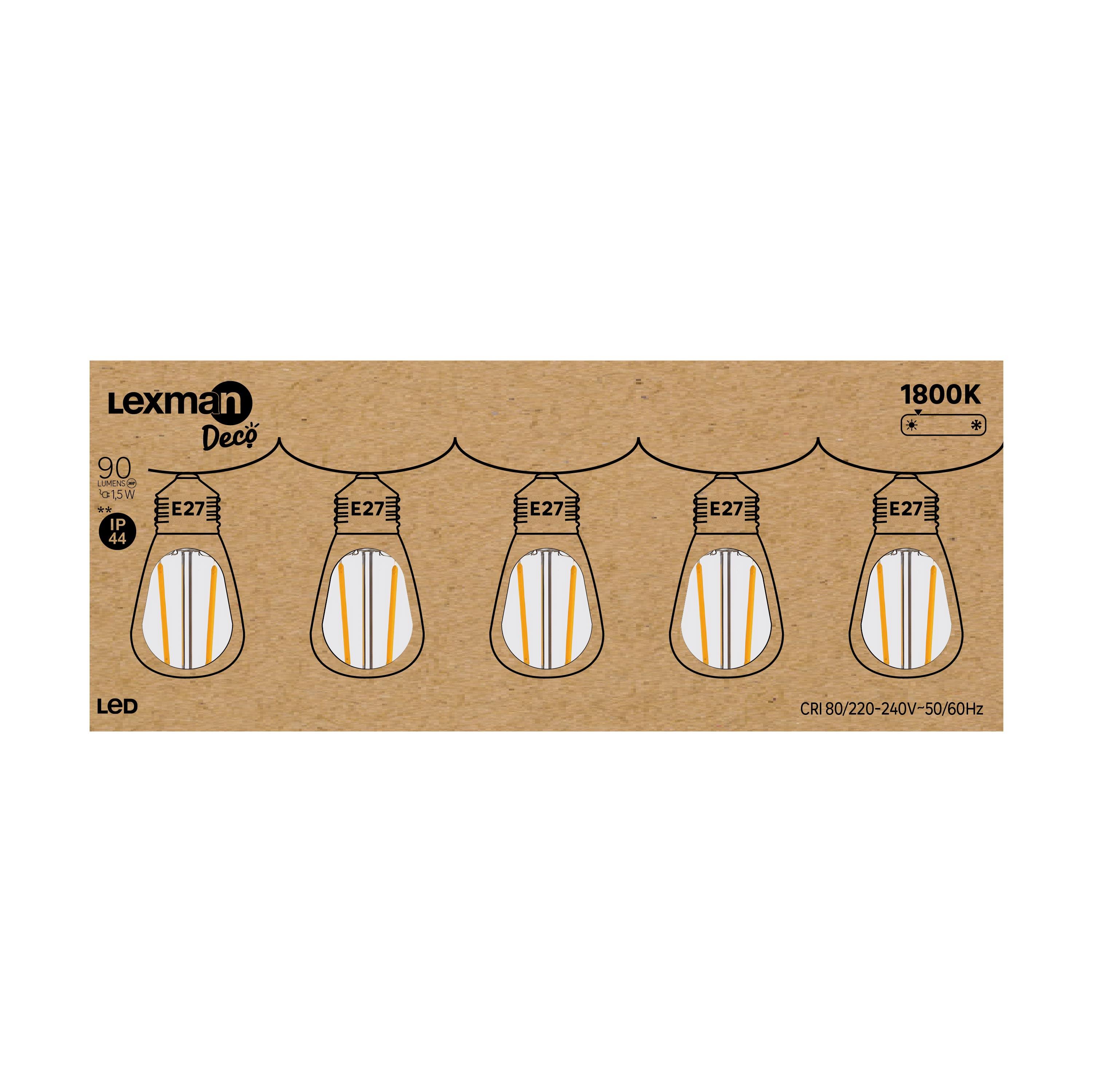 5 ampoules led pour guirlande, E27, 90lm = 10W, IP44, transparentes, LEXMAN - 5