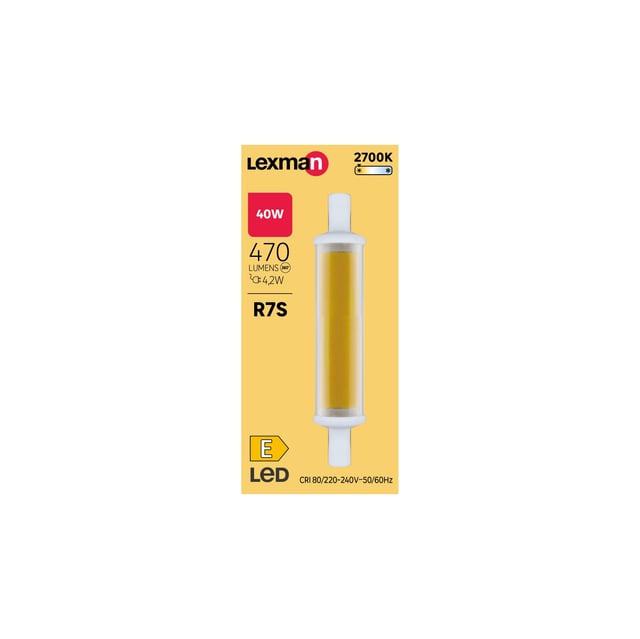 Ampoule led, crayon R7S, 78mm, 470lm = 40W, blanc chaud, LEXMAN