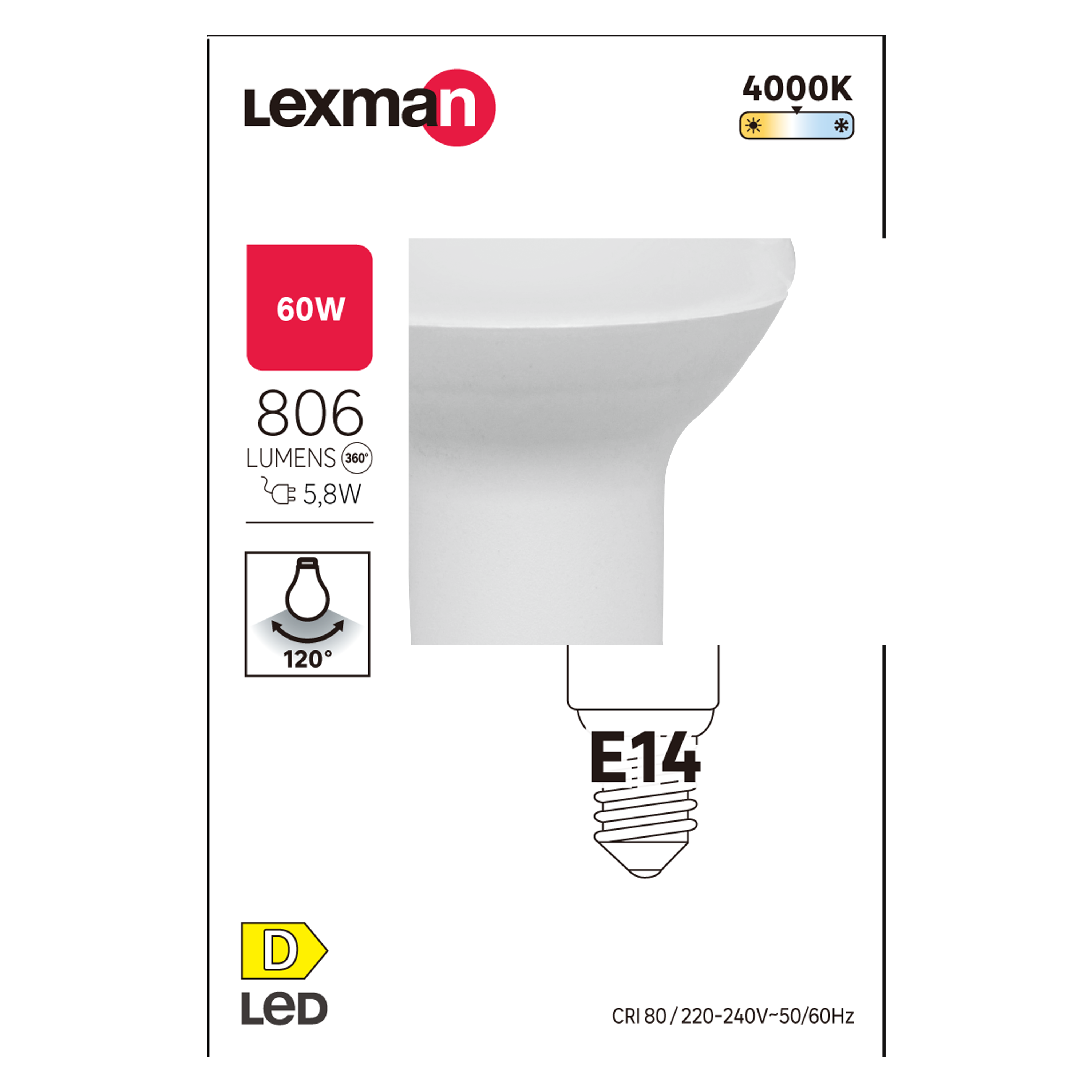 Ampoule led, réflecteur E14, 806lm = 60W, blanc neutre, LEXMAN - 4
