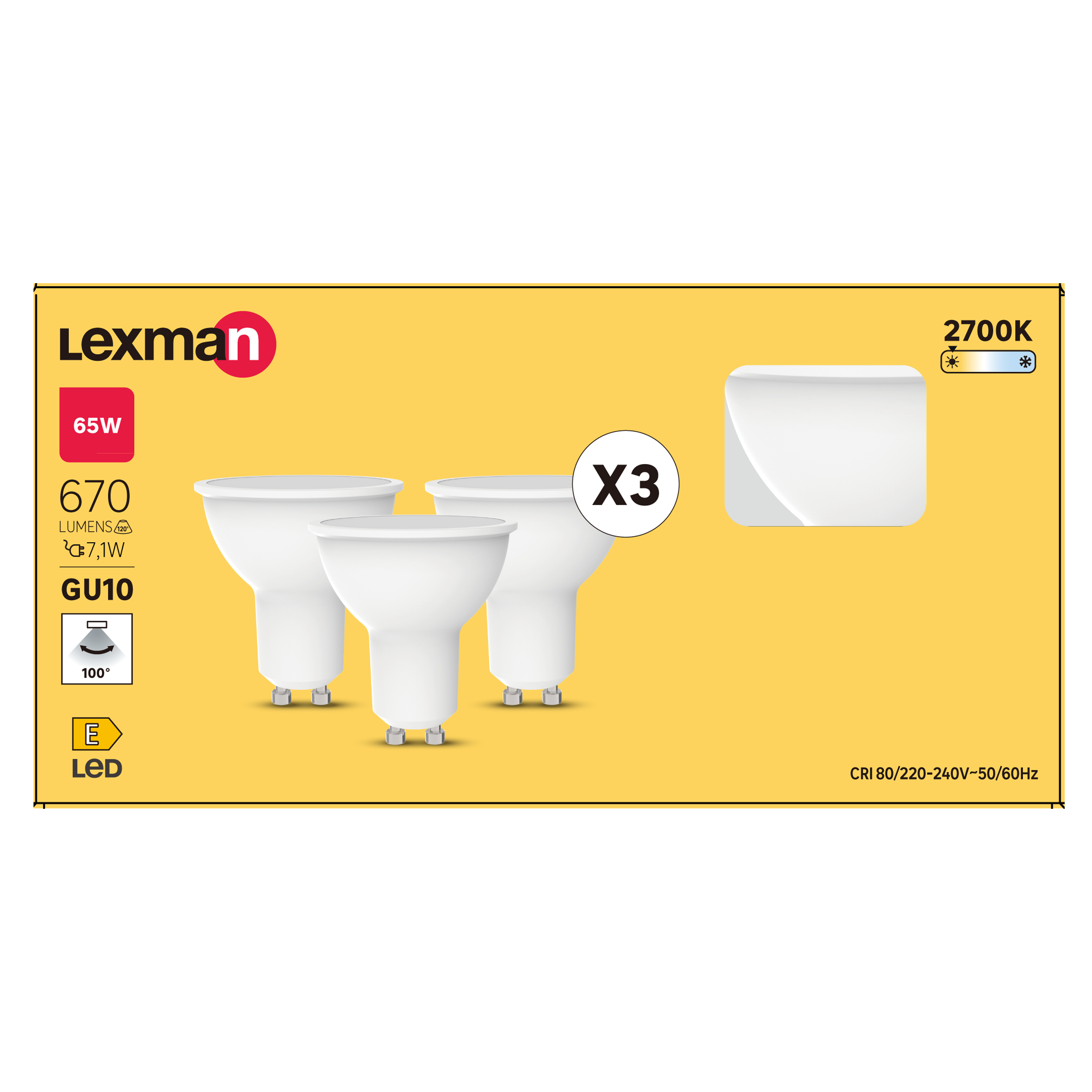 Lot de 3 ampoules led, réflecteur GU10, 100°, 670lm = 65W, blanc chaud, LEXMAN - 4