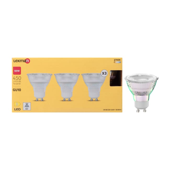 Leroymerlin Set da 3 lampadine LED GU10 faretto trasparente luce calda 3.9W= 450LM (equiv 50 W) 100° LEXMAN