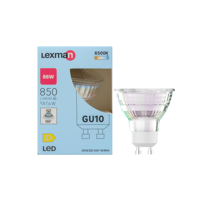 Lampadina LED, GU10 bulbo, trasparente, luce fredda, 86W = 850 LM (equiv 86 W), 100° LEXMAN