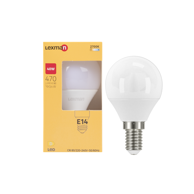 Ampoule led, plastique, sphérique, E14, 470lm = 40W, blanc chaud, LEXMAN