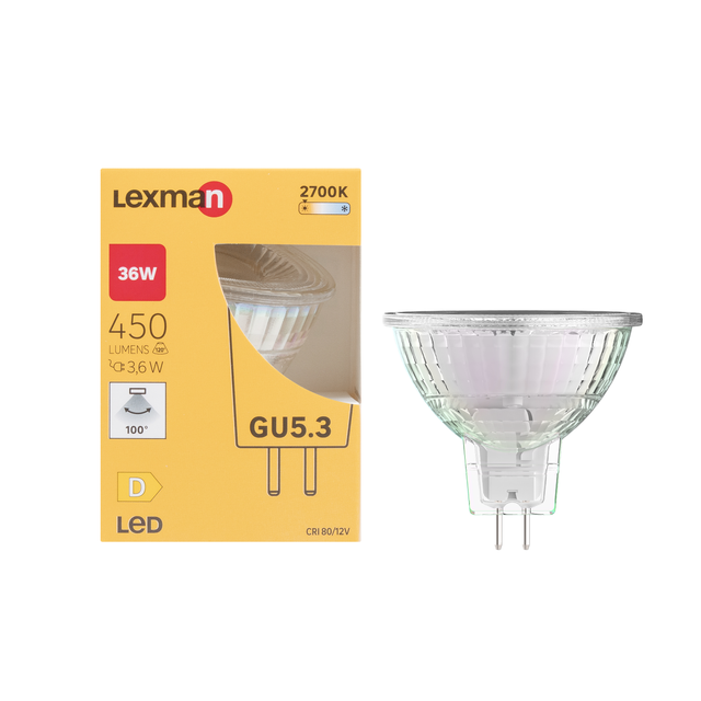 Ampoule led, réflecteur GU5.3, 100°, 450lm = 36W, blanc chaud, LEXMAN