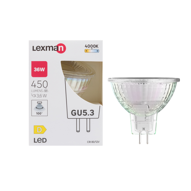 Ampoule led, réflecteur GU5.3, 100°, 450lm = 36W, blanc neutre, LEXMAN