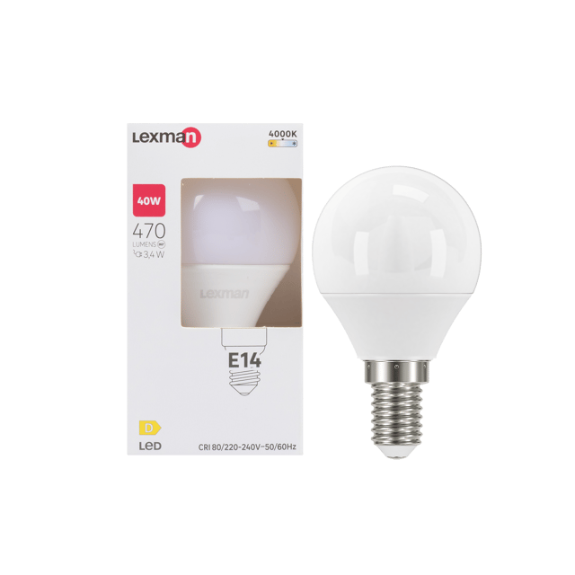 Ampoule led, plastique, sphérique, E14, 470lm = 40W, blanc neutre, LEXMAN