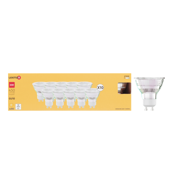 Lot de 10 ampoules led réflecteur GU10, 450lm = 50W, blanc chaud, LEXMAN