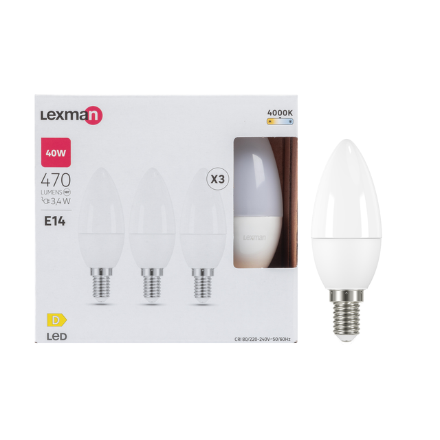 Lot de 3 ampoules led, plastique, flamme, E14, 470lm = 40W, blanc neutre, LEXMAN