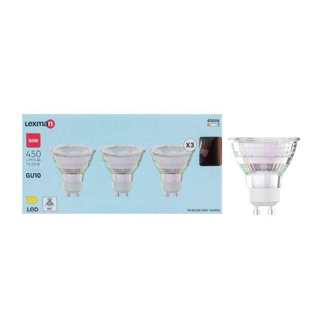 Pack de 3 bombillas LED GU10 450 lúmenes 3.9W color de la luz blanco frío 6500K CRI 89-80 luz natural y fiel clase energética D