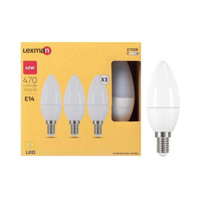 Lot de 3 ampoules led, plastique, flamme, E14, 470lm = 40W, blanc chaud, LEXMAN