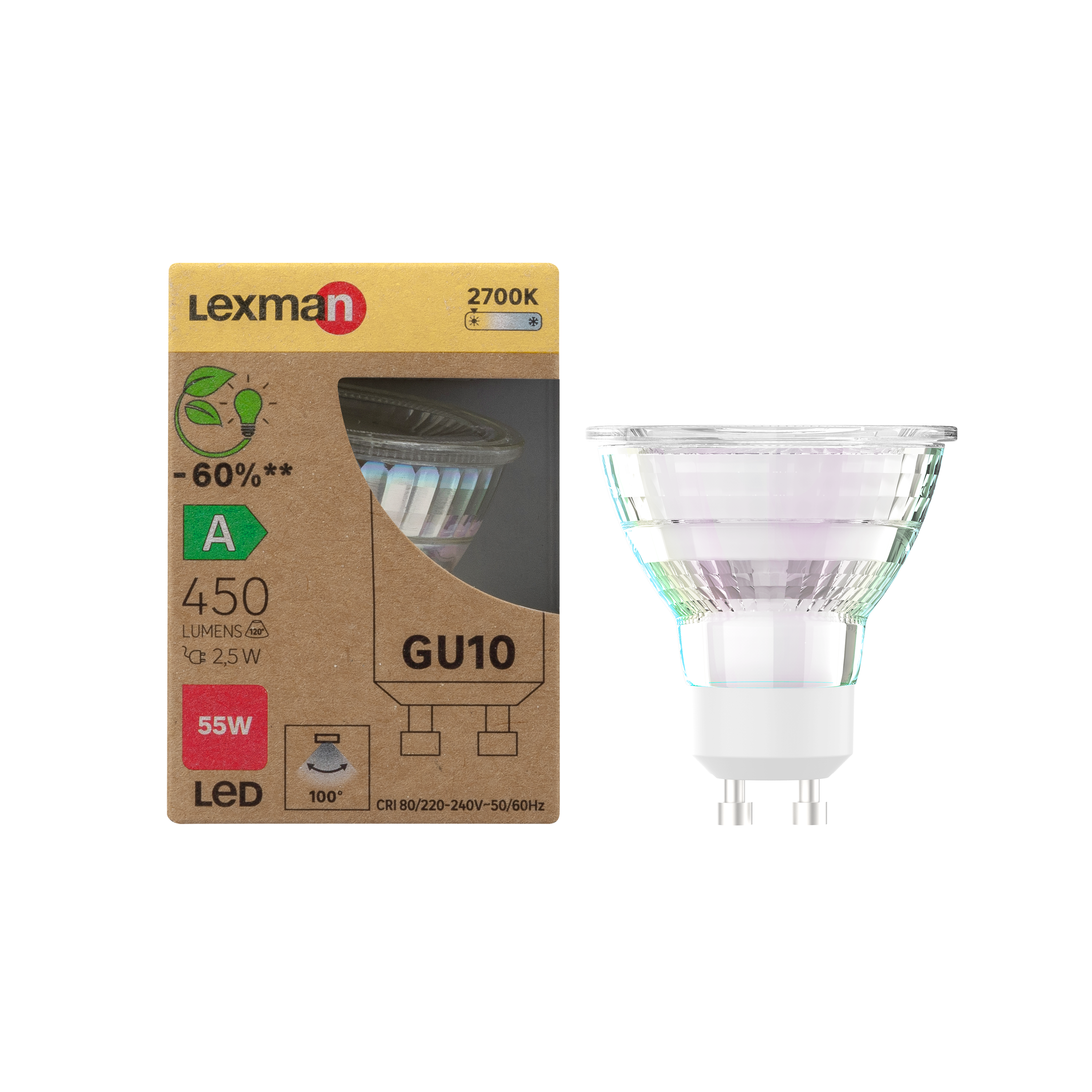 Bombilla led lexman gu10 2.5w blanco cálido clase a
