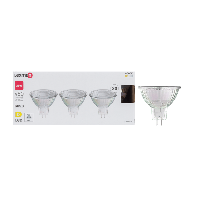 3 ampoules led, réflecteur GU5.3, 100°, 450lm = 36W, blanc neutre, LEXMAN