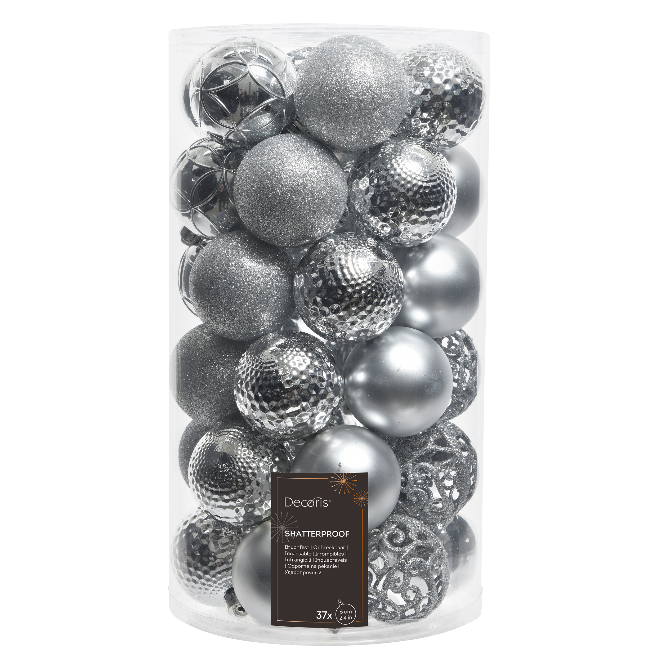 Bombki plastikowe tuba 6 cm 37 sztuk srebrne Decoris