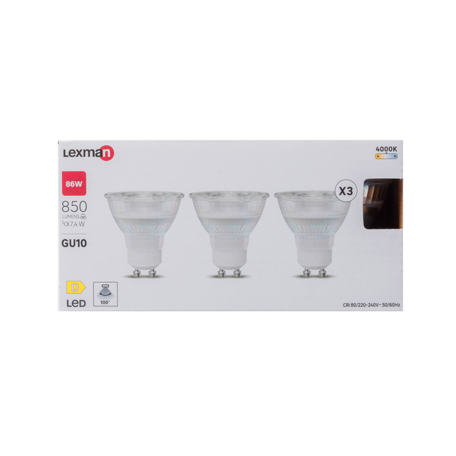 Pack de 3 bombillas LED GU10 850 lúmenes 7.4W color de la luz blanco neutro 4000K CRI 89-80 luz natural y fiel clase energética D