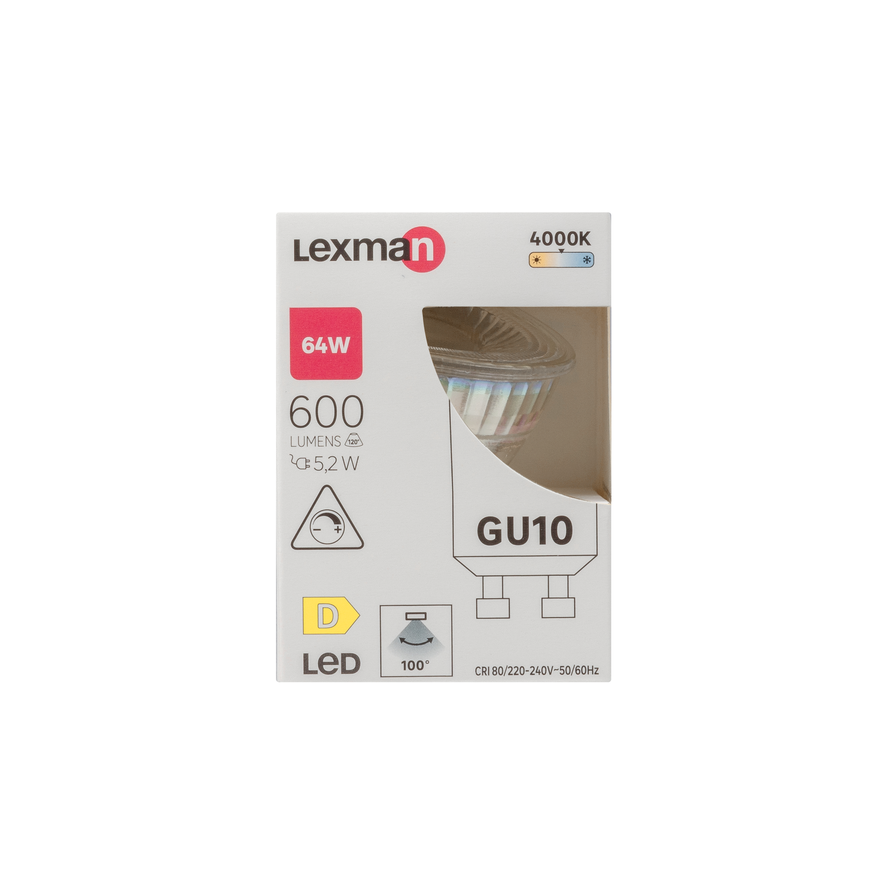 Lampadina LED, GU10 faretto, trasparente, luce naturale, 5.2W = 600 LM (equiv 64 W) dimmerabile, 100° LEXMAN - 5