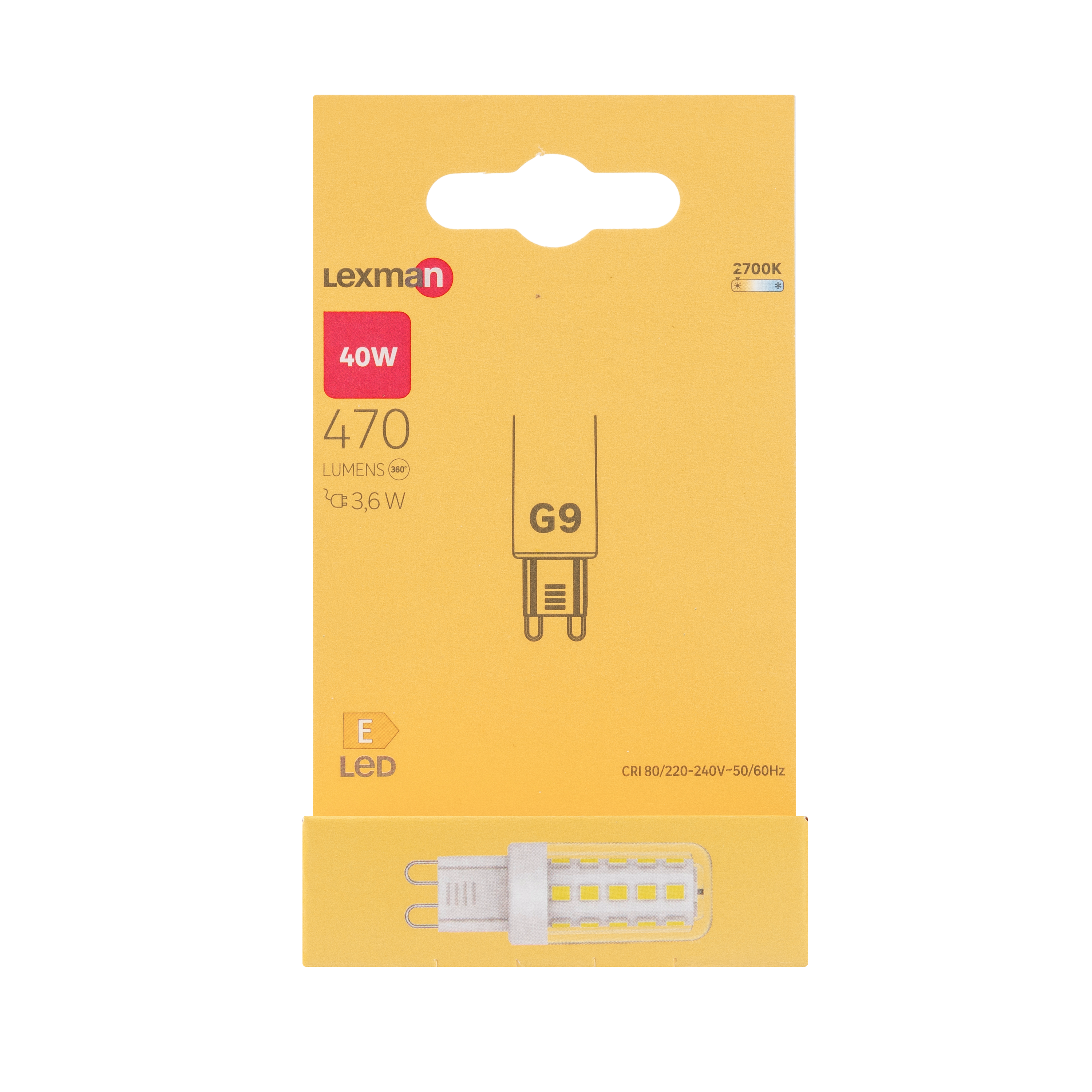 Lampadina LED, G9 faretto, trasparente, luce calda, 3.6W= 470 LM (equiv 40 W), 300°, LEXMAN - 7