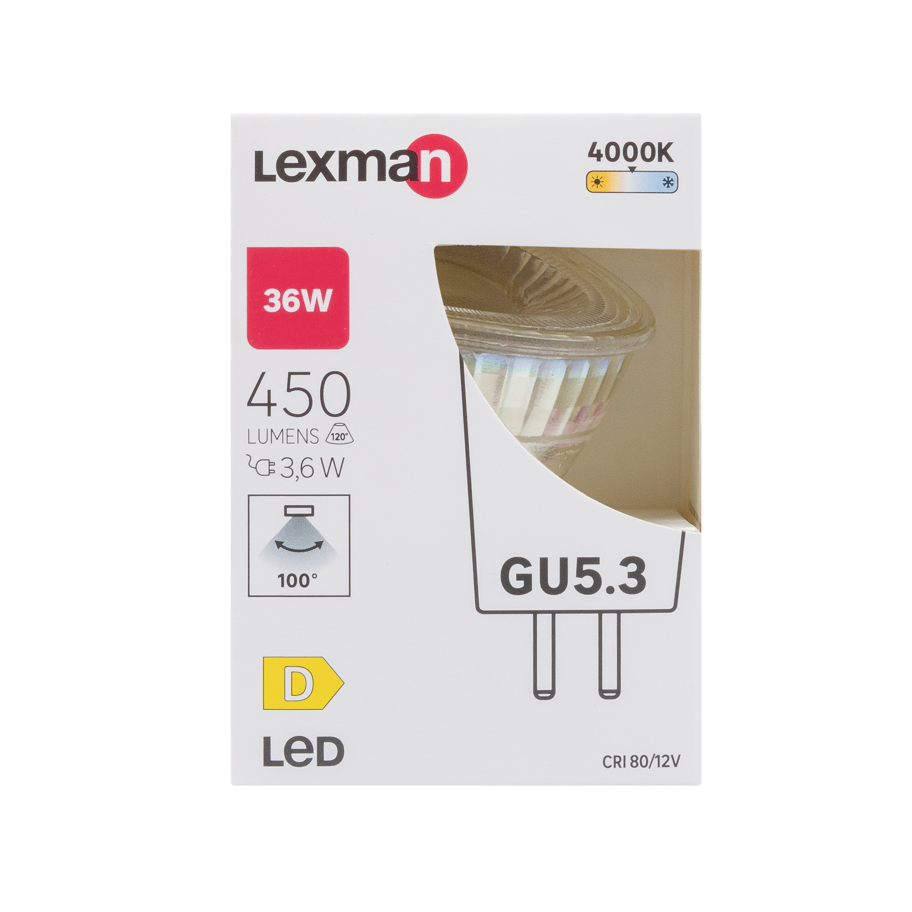 Ampoule led, réflecteur GU5.3, 100°, 450lm = 36W, blanc neutre, LEXMAN - 4