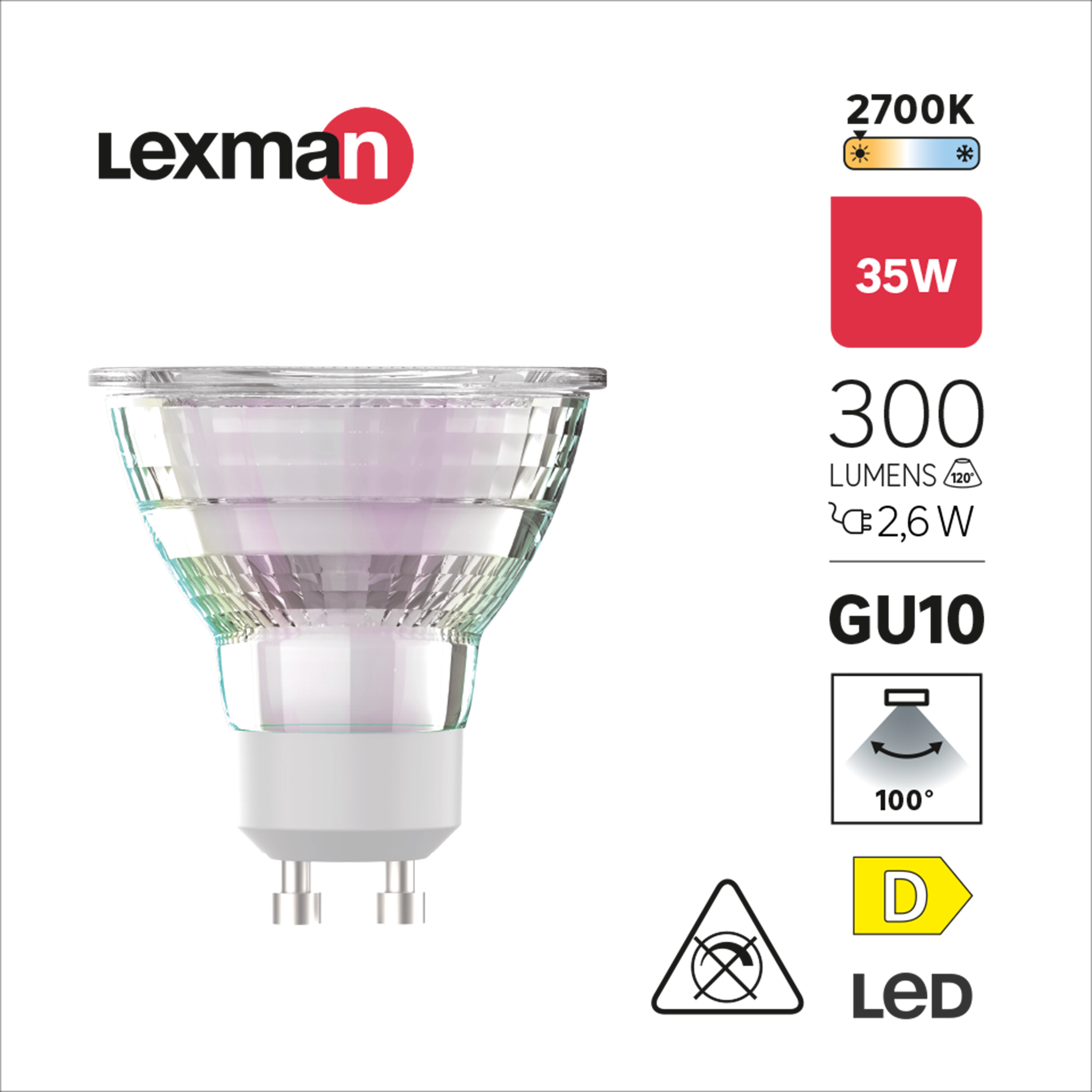 Ampoule led réflecteur GU10, 100°, 300Lm = 35W, blanc chaud, LEXMAN - 4