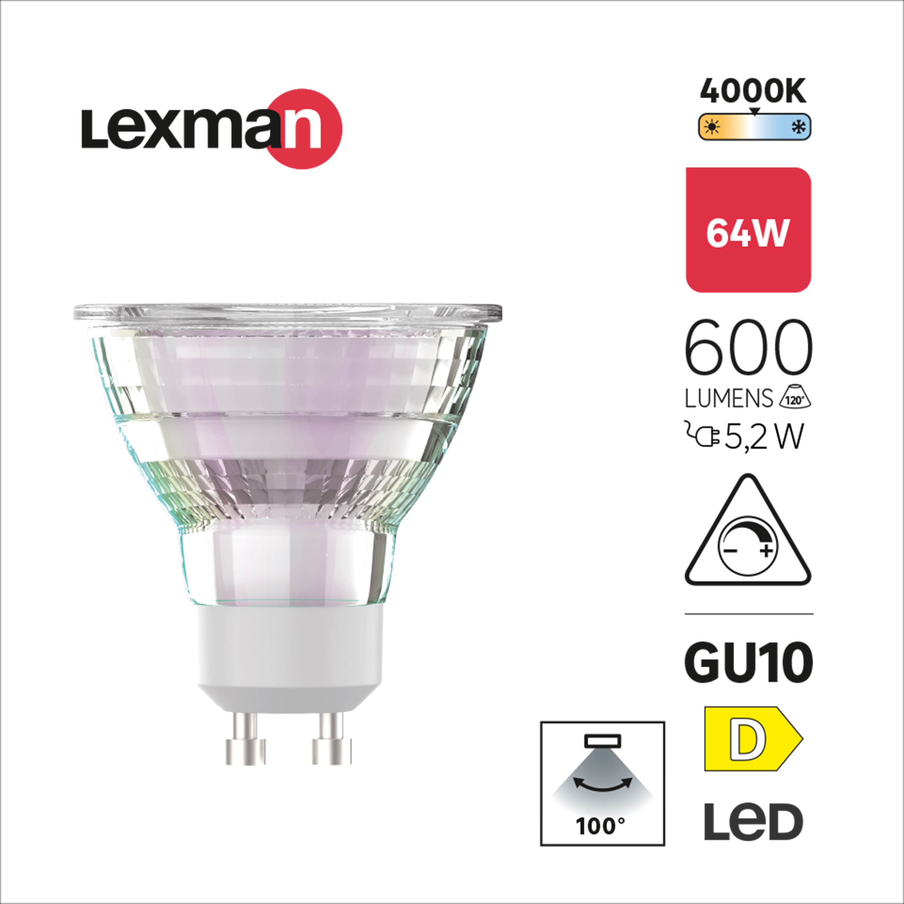 Lampadina LED, GU10 faretto, trasparente, luce naturale, 5.2W = 600 LM (equiv 64 W) dimmerabile, 100° LEXMAN - 4