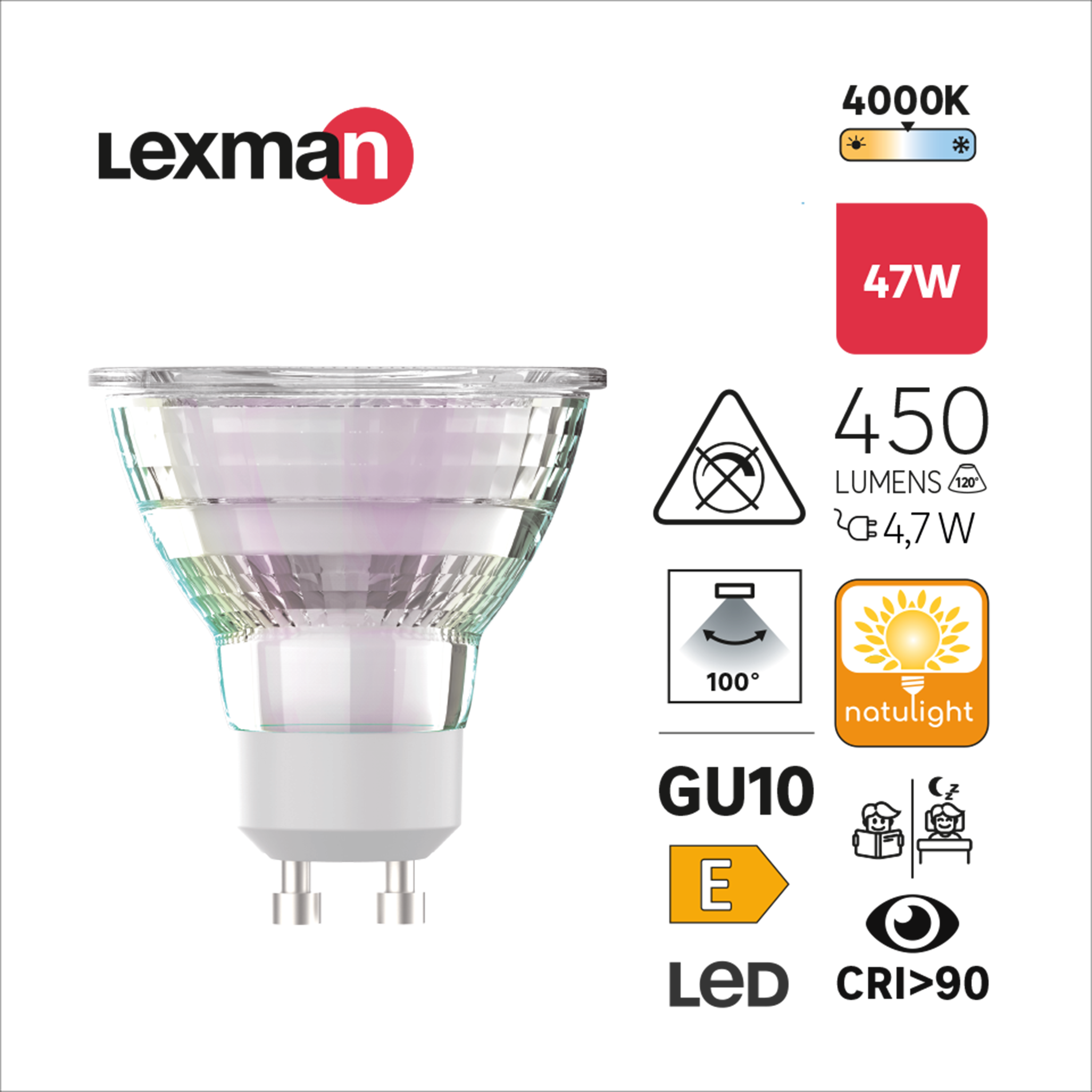 Ampoule led réflecteur GU10, 450Lm = 47W, blanc neutre, Natulight, LEXMAN - 3