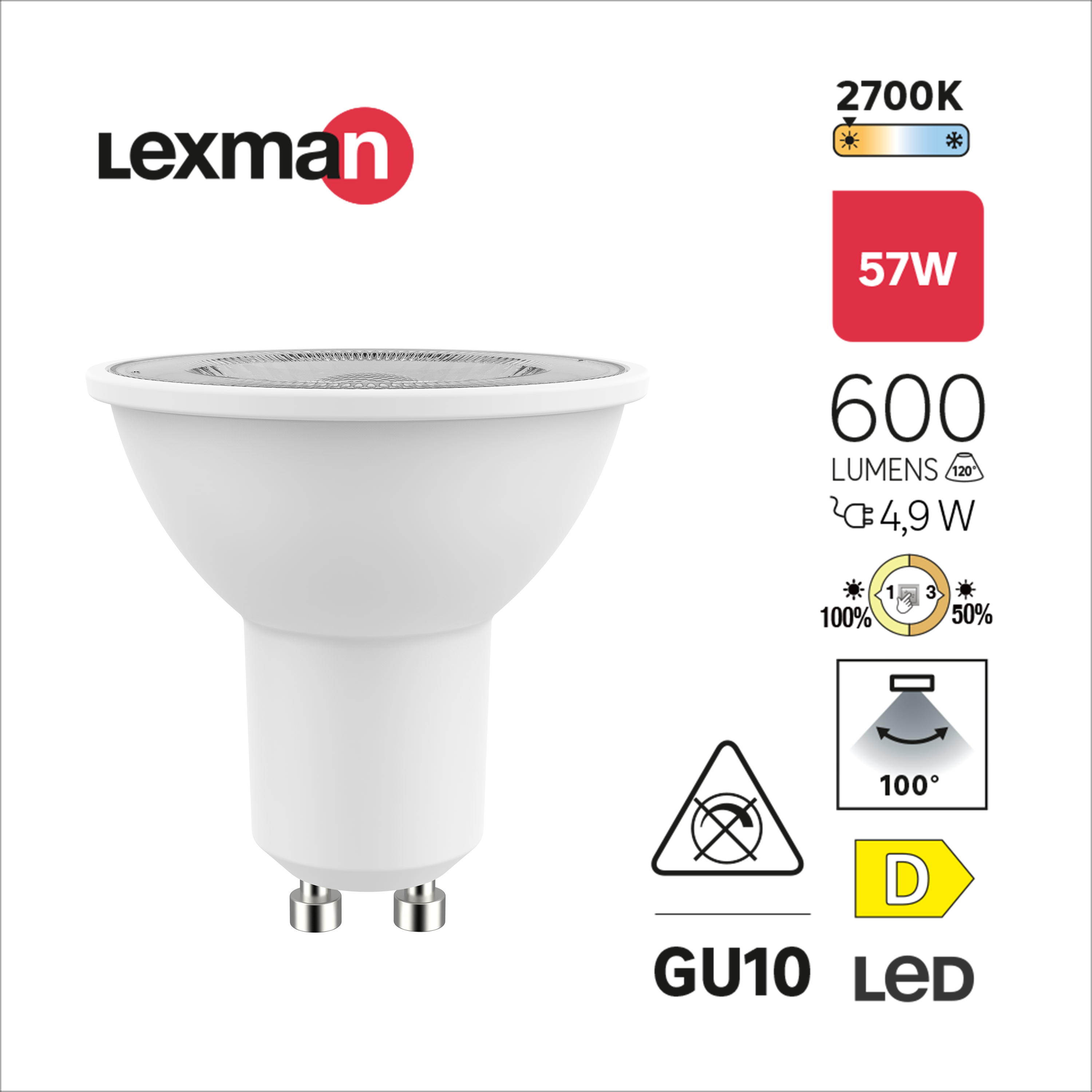 Ampoule led réflecteur GU10 Bama, 600lm = 57W, blanc chaud, LEXMAN - 3