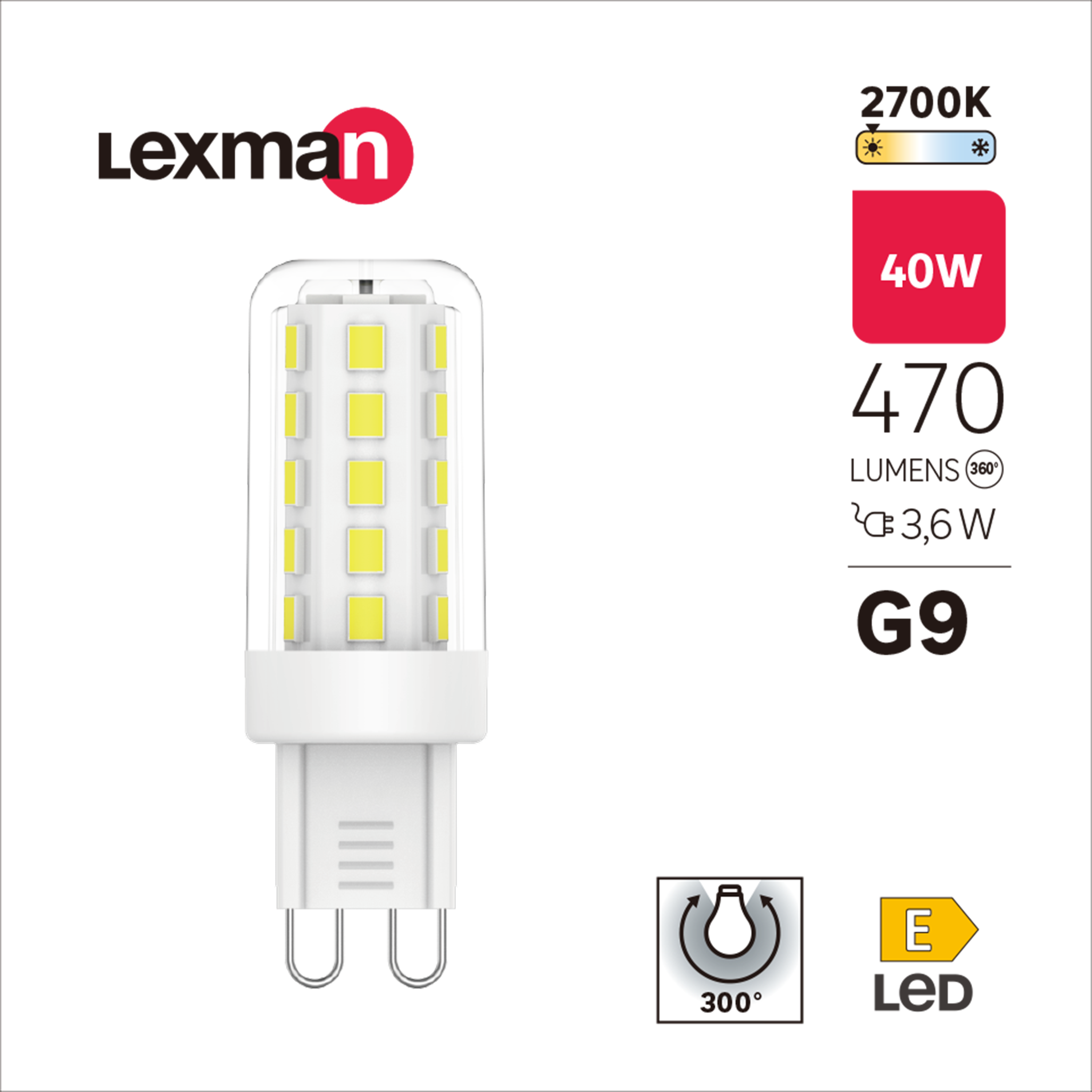 Lampadina LED, G9 faretto, trasparente, luce calda, 3.6W= 470 LM (equiv 40 W), 300°, LEXMAN - 4