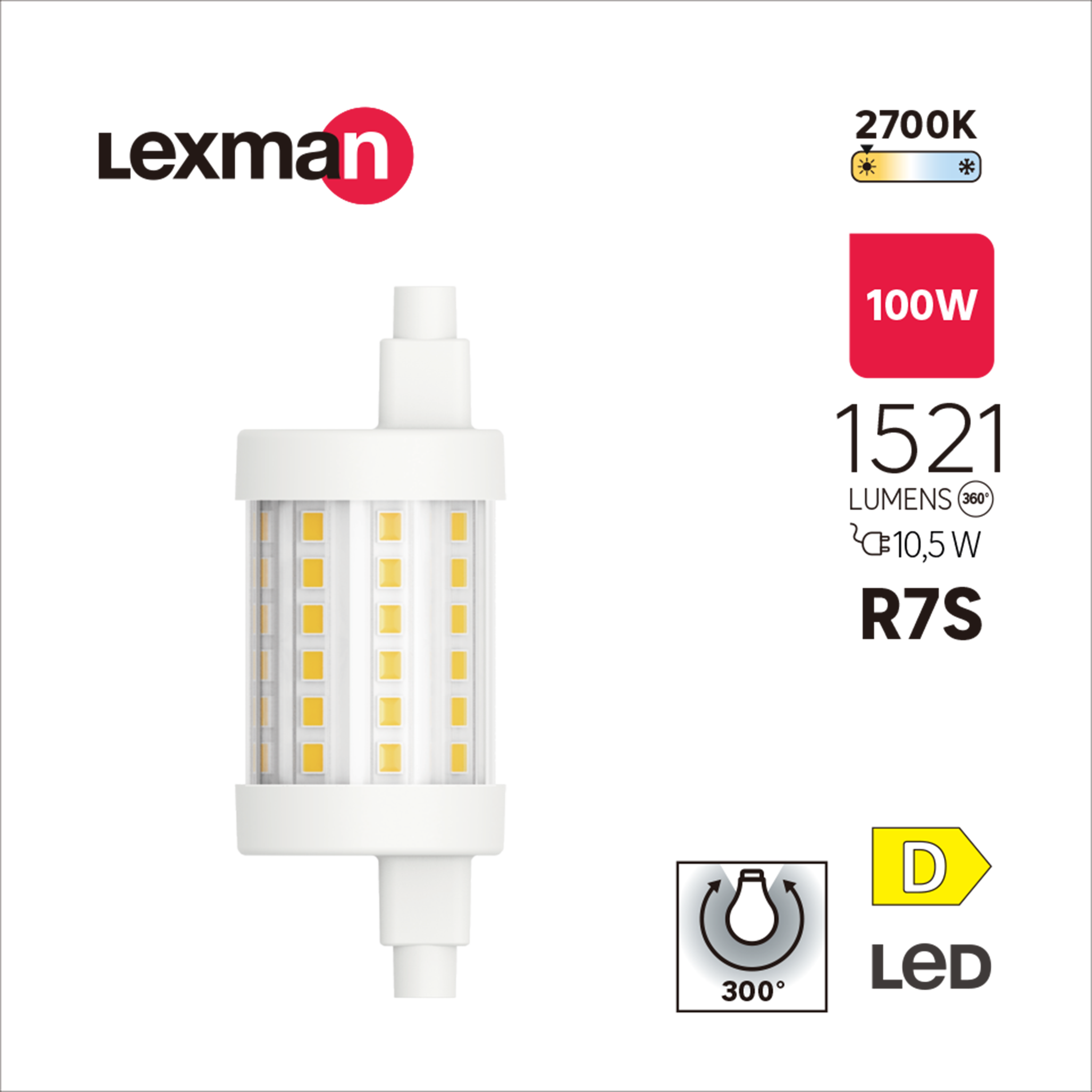 Ampoule led, tube R7S, 78mm, 1521lm = 100W, blanc chaud, LEXMAN - 2