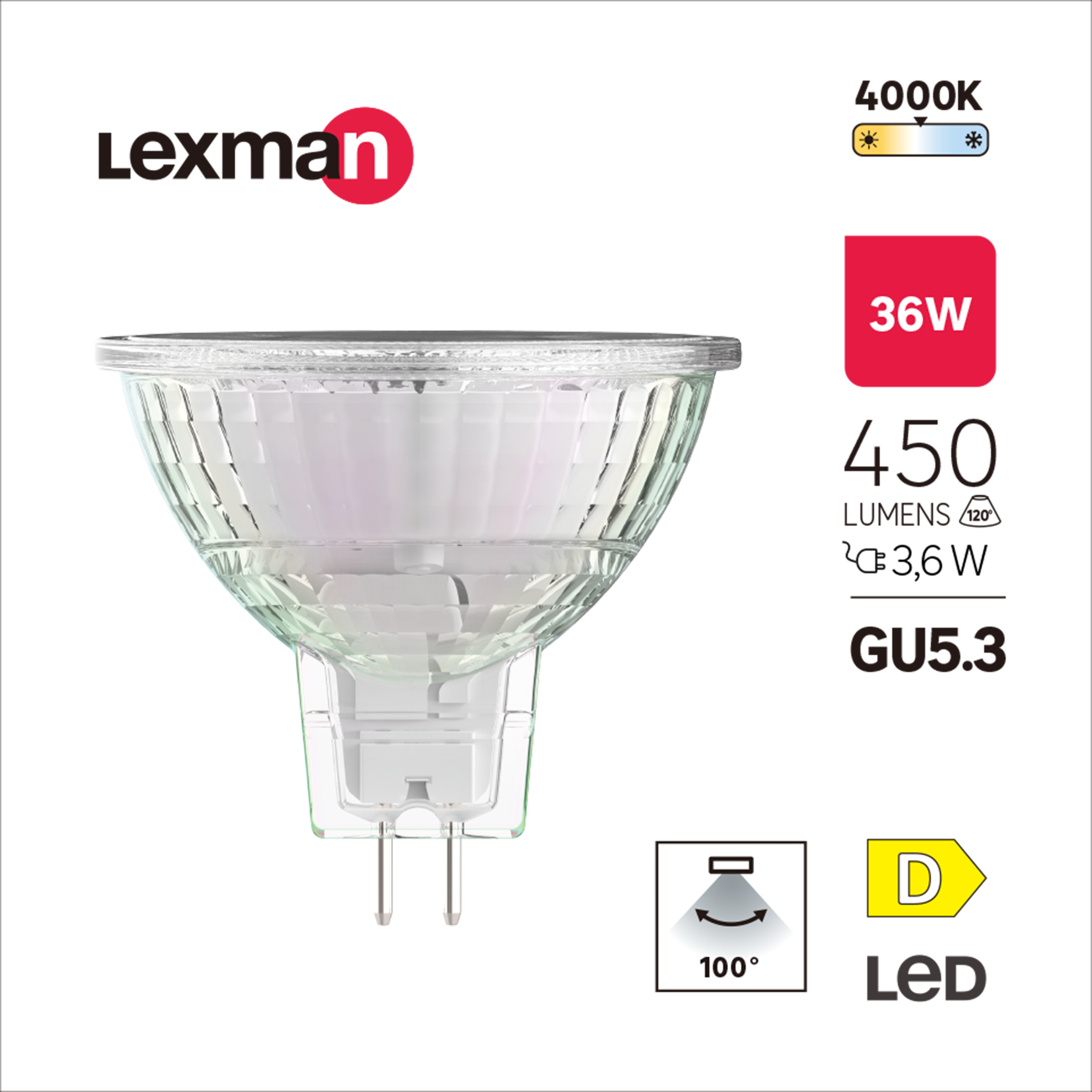 Ampoule led, réflecteur GU5.3, 100°, 450lm = 36W, blanc neutre, LEXMAN - 3