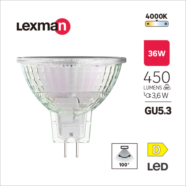 Bombilla LED GU5.3 450 lúmenes 3.6W color de la luz blanco neutro 4000K CRI 89-80 luz natural y fiel clase energética D