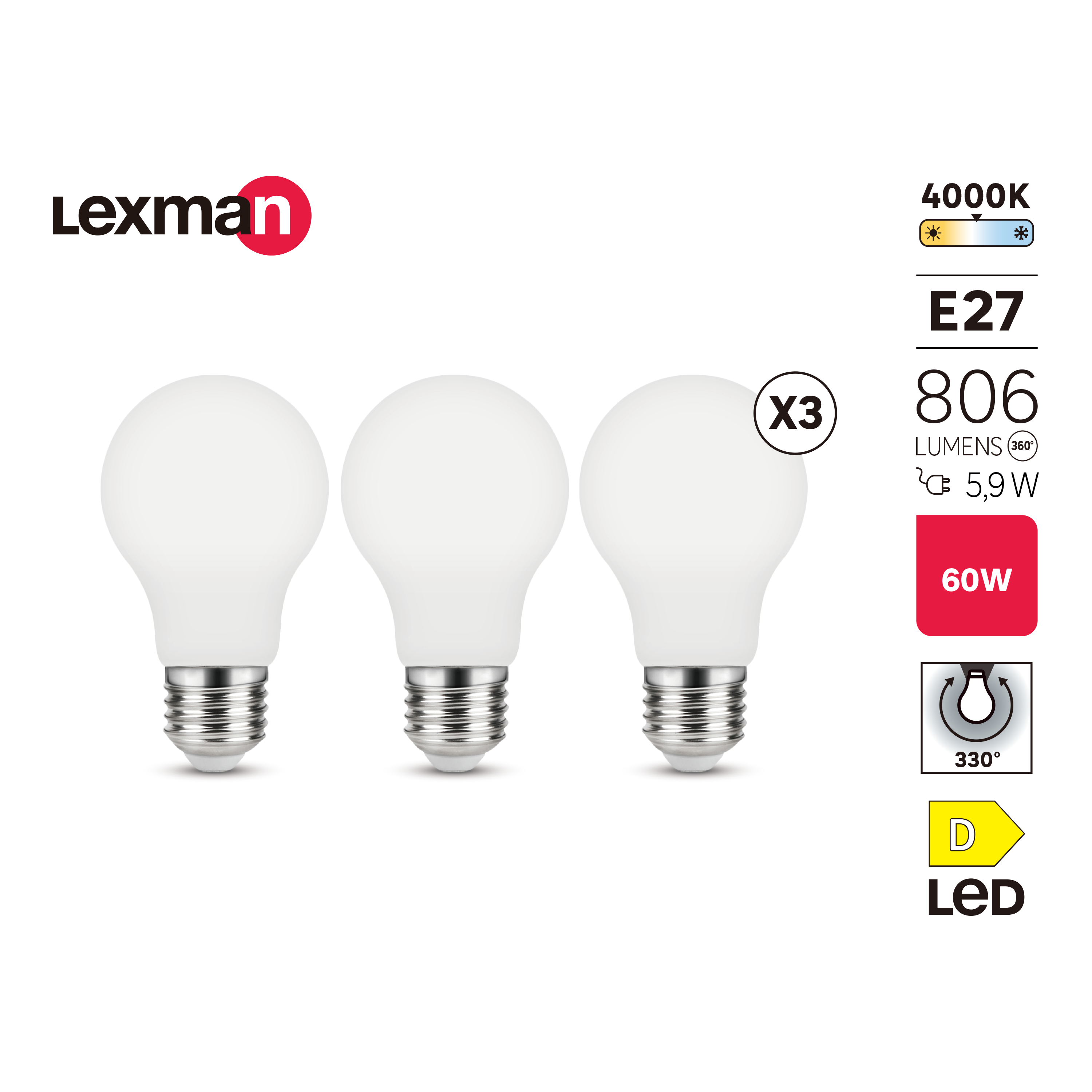 Żarówka LED E27 3 szt. 5,9 W 806 lm Neutralna biel Lexman - 4
