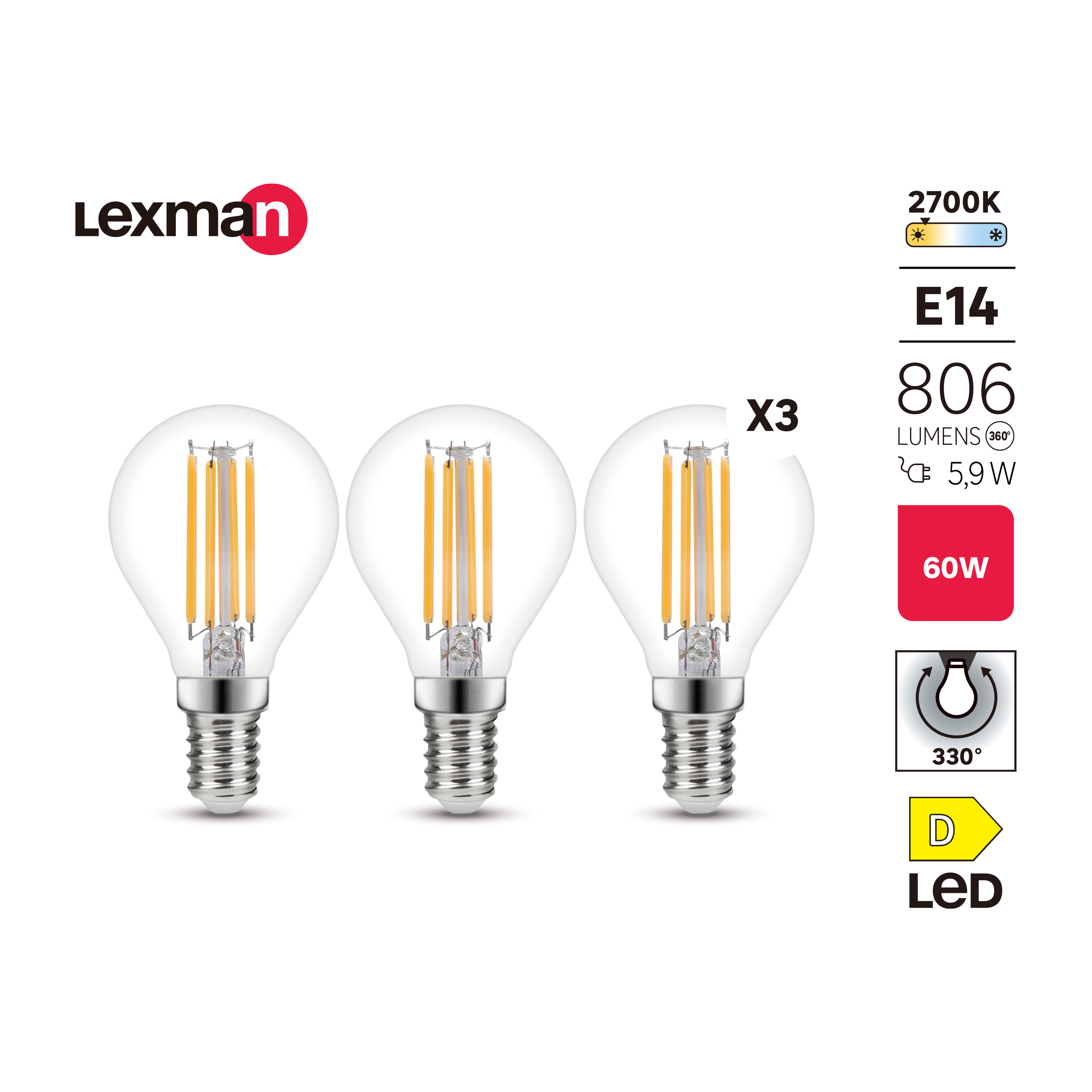 Żarówka LED E14 3 szt. 5,9W 806 lm Ciepła biel Lexman - 3
