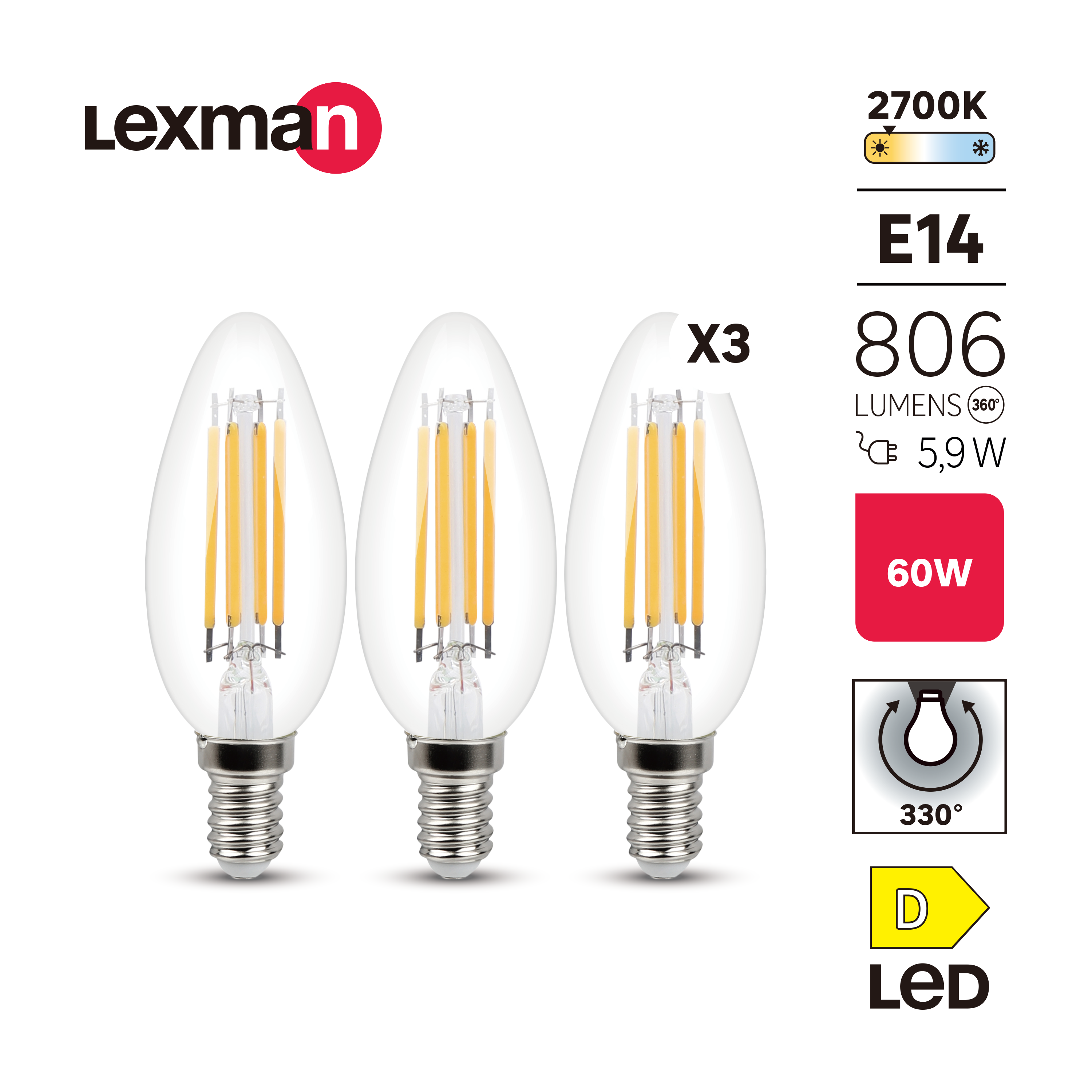 Żarówka LED E14 3 szt. 5,9 W 806 lm Ciepła biel Lexman - 5