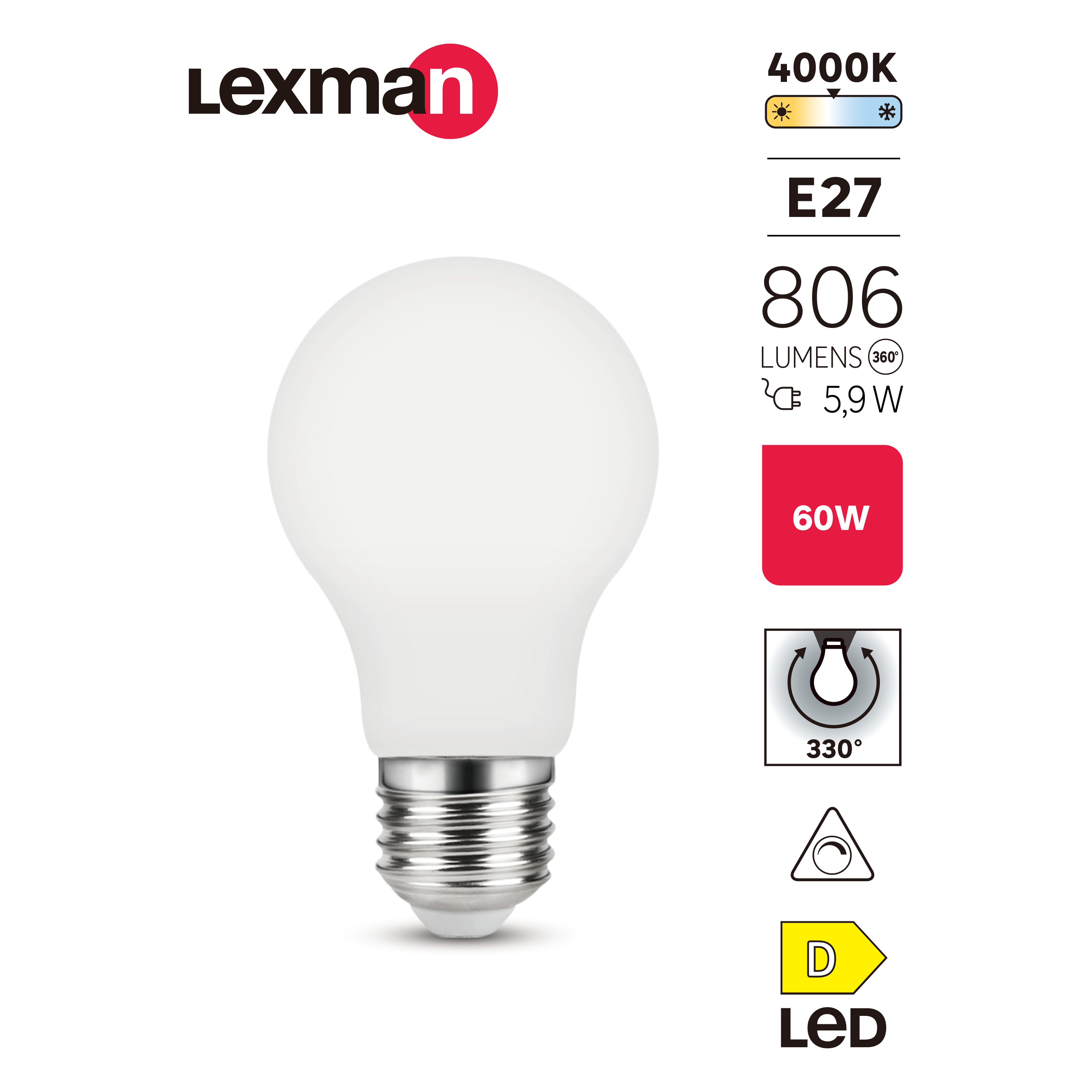 Bombilla LED E27 estándar 806 lúmenes 5.9W color de la luz blanco neutro 4000K CRI 89-80 luz natural y fiel clase energética D - 2