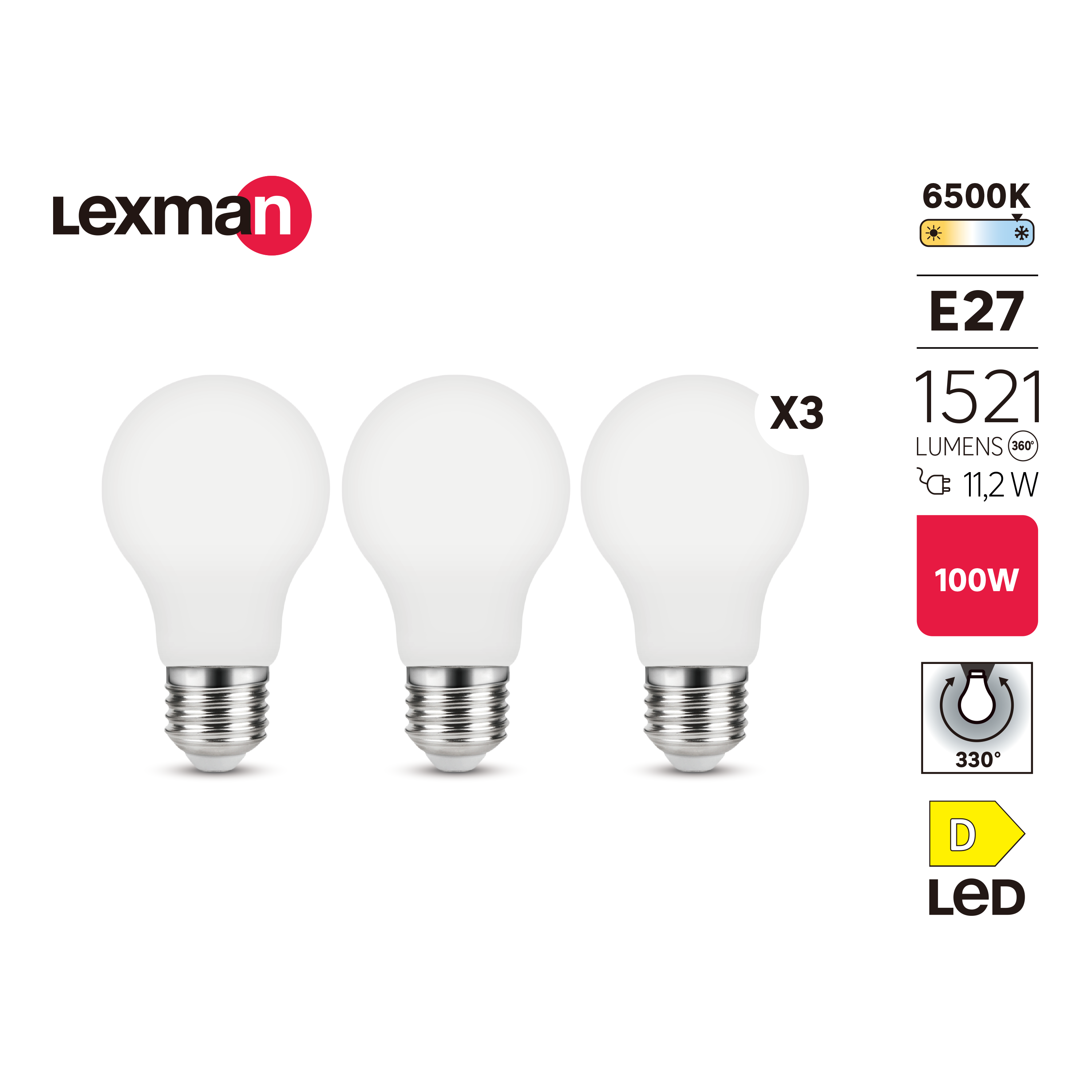 Set da 3 lampadine LED, E27 goccia, opaco, luce fredda, 11.2W= 1521 LM (equiv 100 W), 330°, LEXMAN - 4