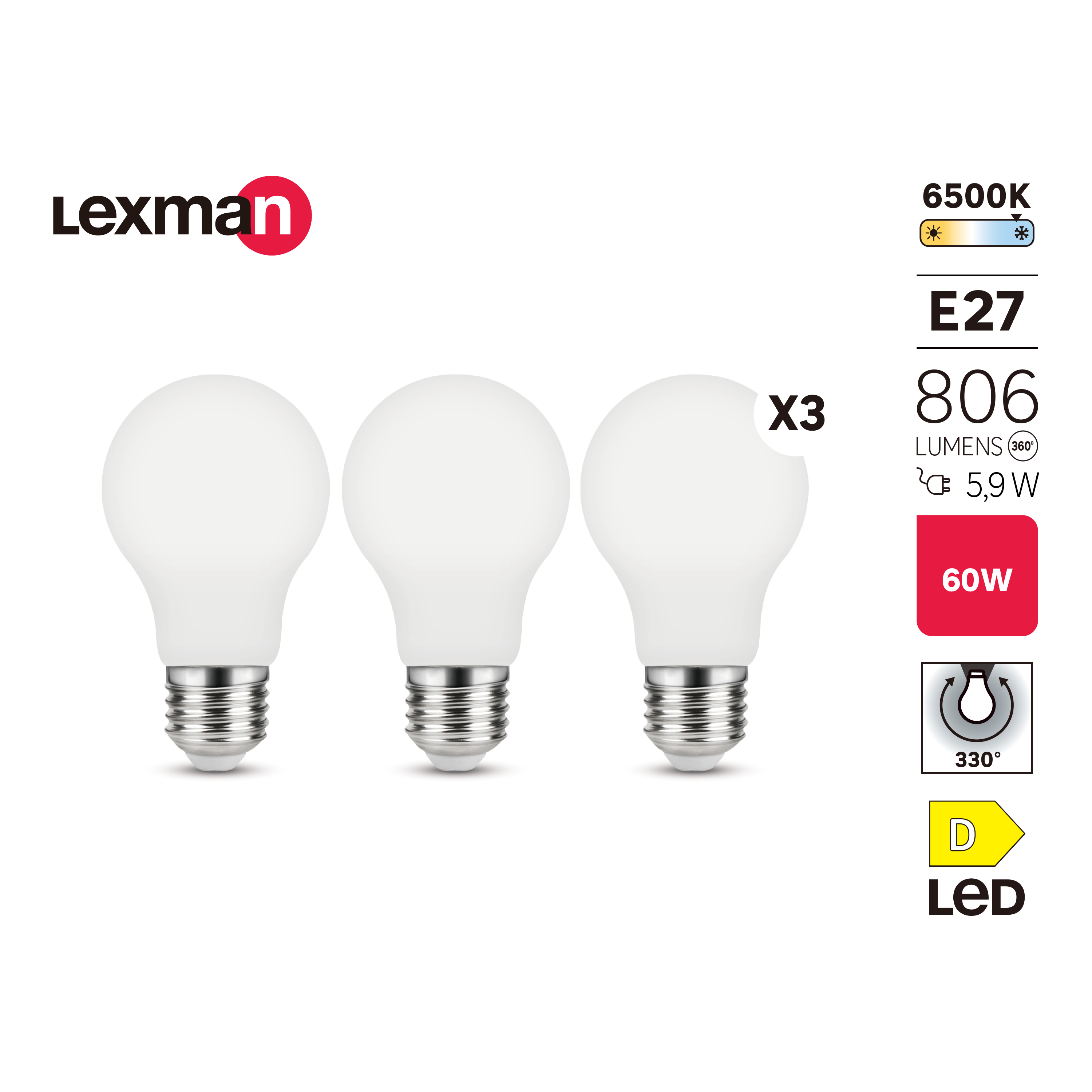 Żarówka LED E27 3 szt. 5,9 W 806 lm Zimna biel Lexman - 6
