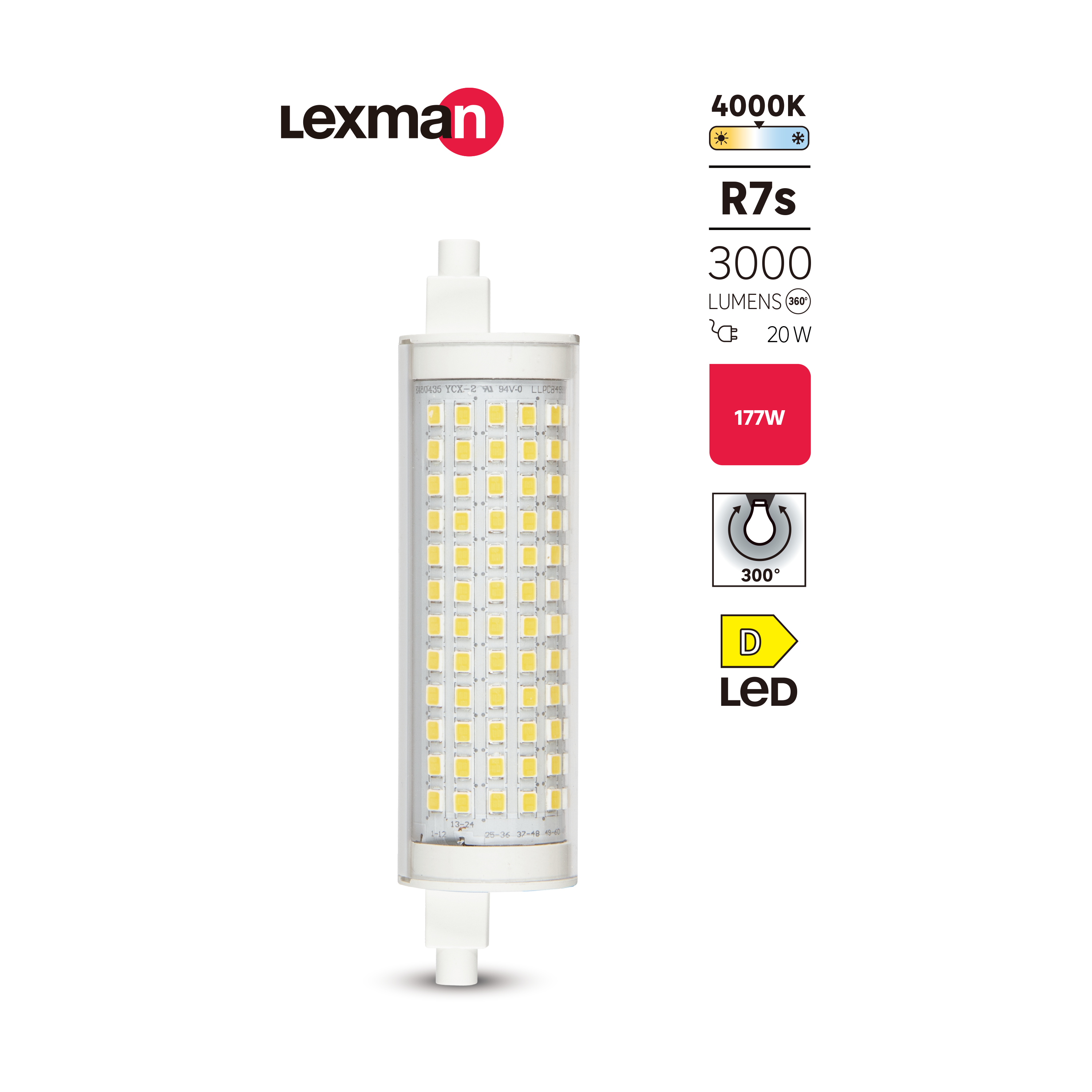Ampoule led, tube R7S, 118mm, 3000lm = 177W, blanc neutre, LEXMAN - 2
