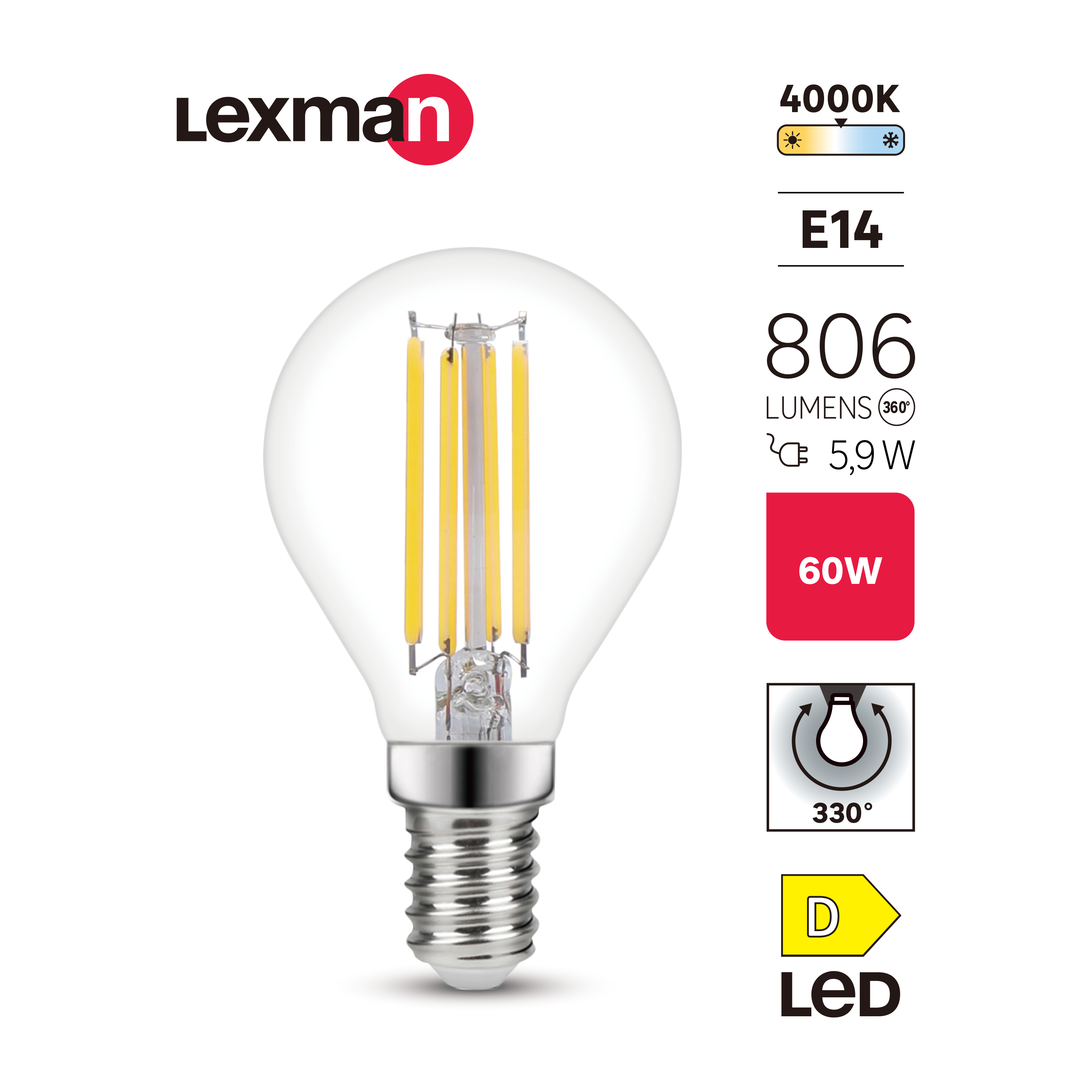 Lâmpada LED filamento G45 E14 806 lm 4000 k Lexman - 4