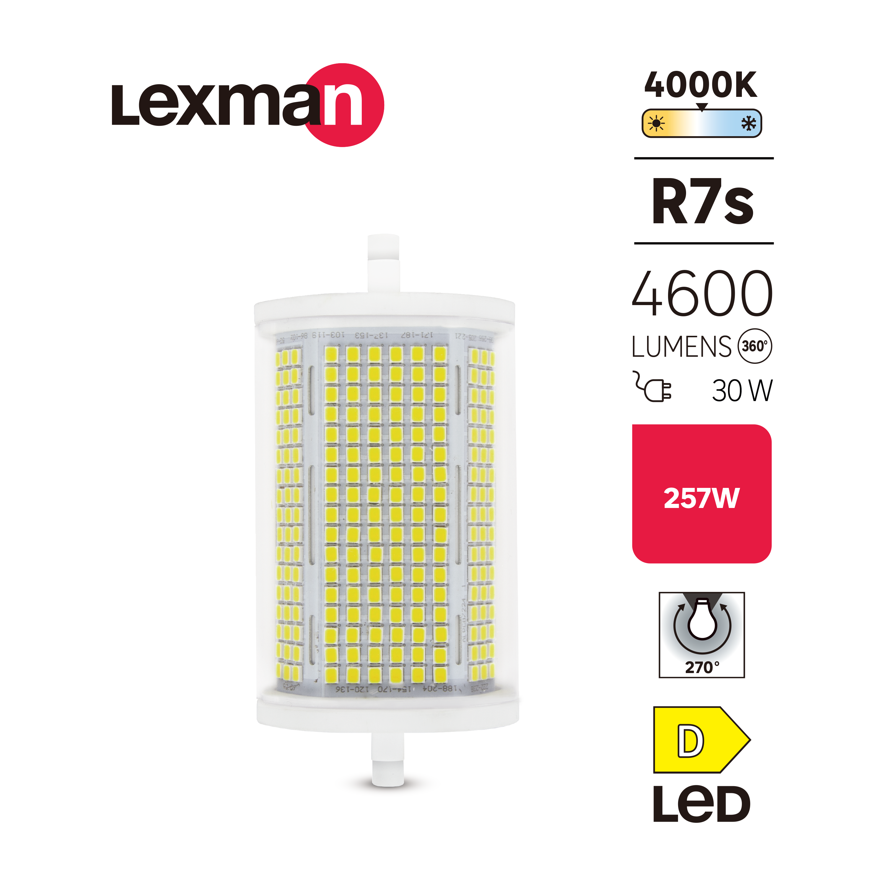 Ampoule led, tube R7S, 118mm, 4600lm = 257W, blanc neutre, LEXMAN - 2
