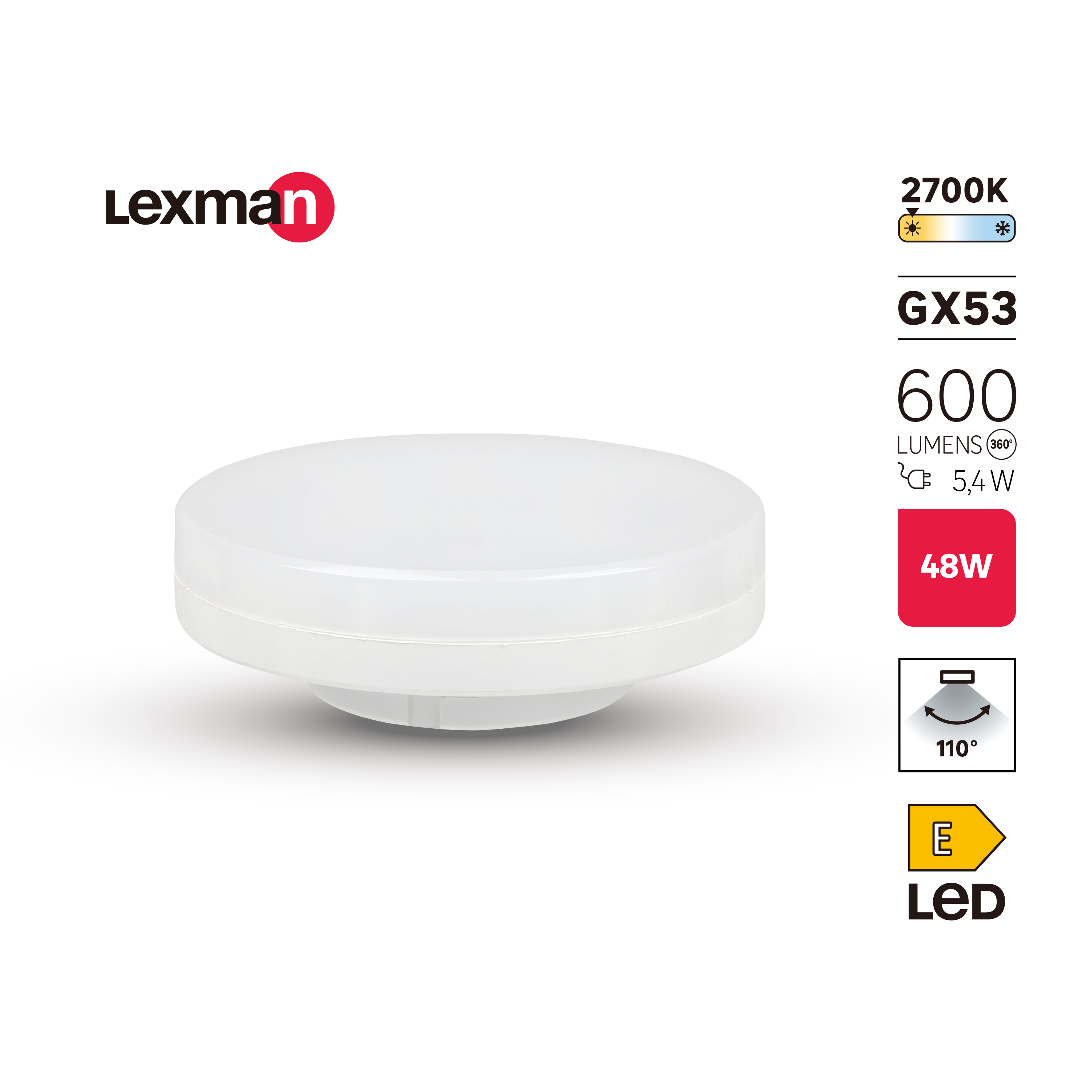 Lampadina LED, GX53 faretto, smerigliato, 5.4W = 600 LM (equiv 48 W), 110°, LEXMAN - 3