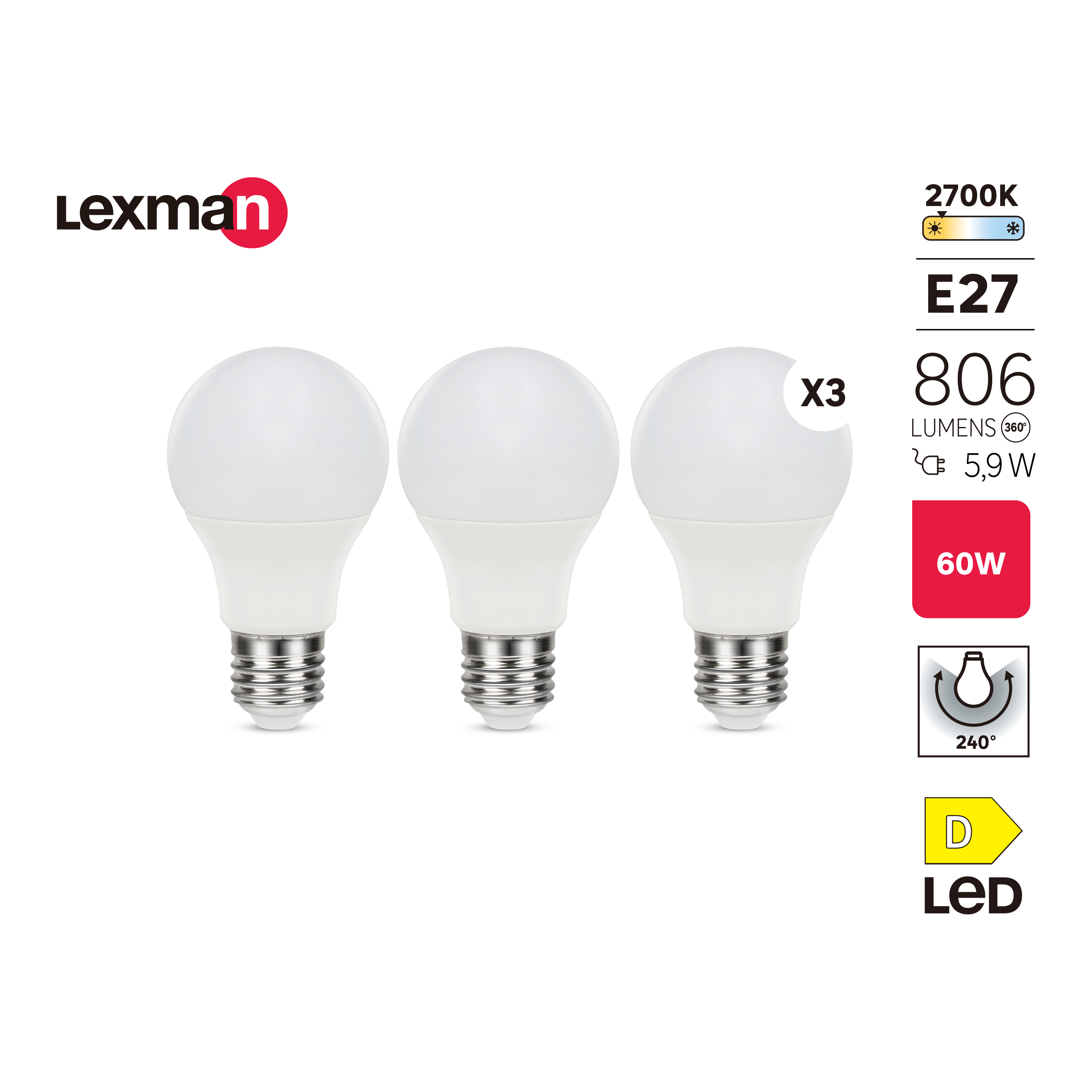 Pack 3 Lâmpadas LED standard A60 E27 806lm branco quente Lexman - 3